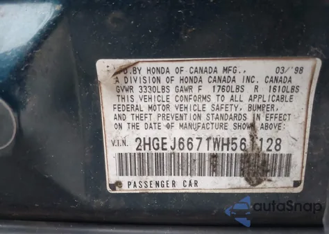 1998 Honda Civic Lx из США, поврежденный, VIN 2HGEJ6671WH561128